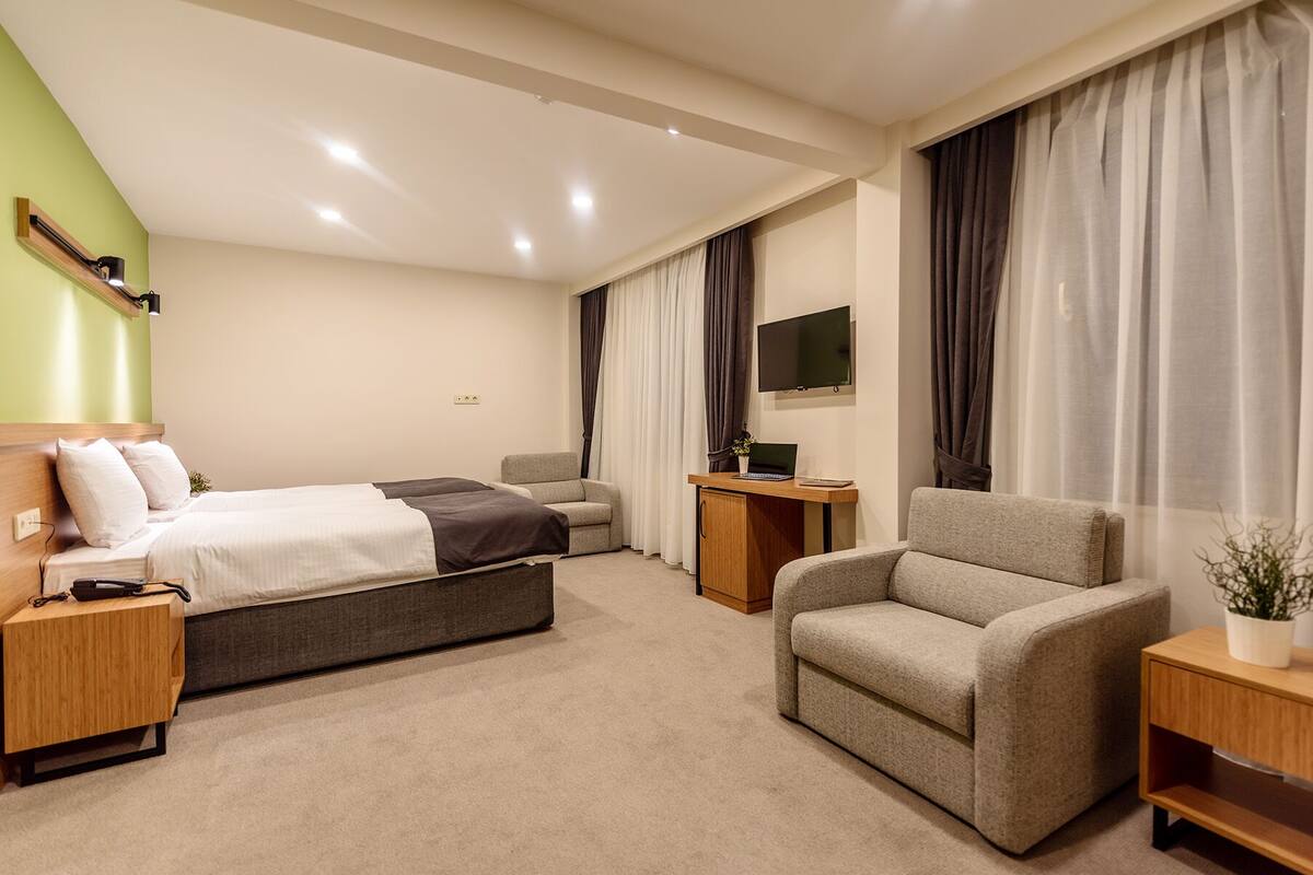 A modern hotel room with a bed, two sofas, a desk with a laptop, a TV, and a plant.