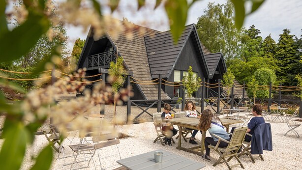 A rustic outdoor seating area with tables and chairs, surrounded by a wooden fence and trees.