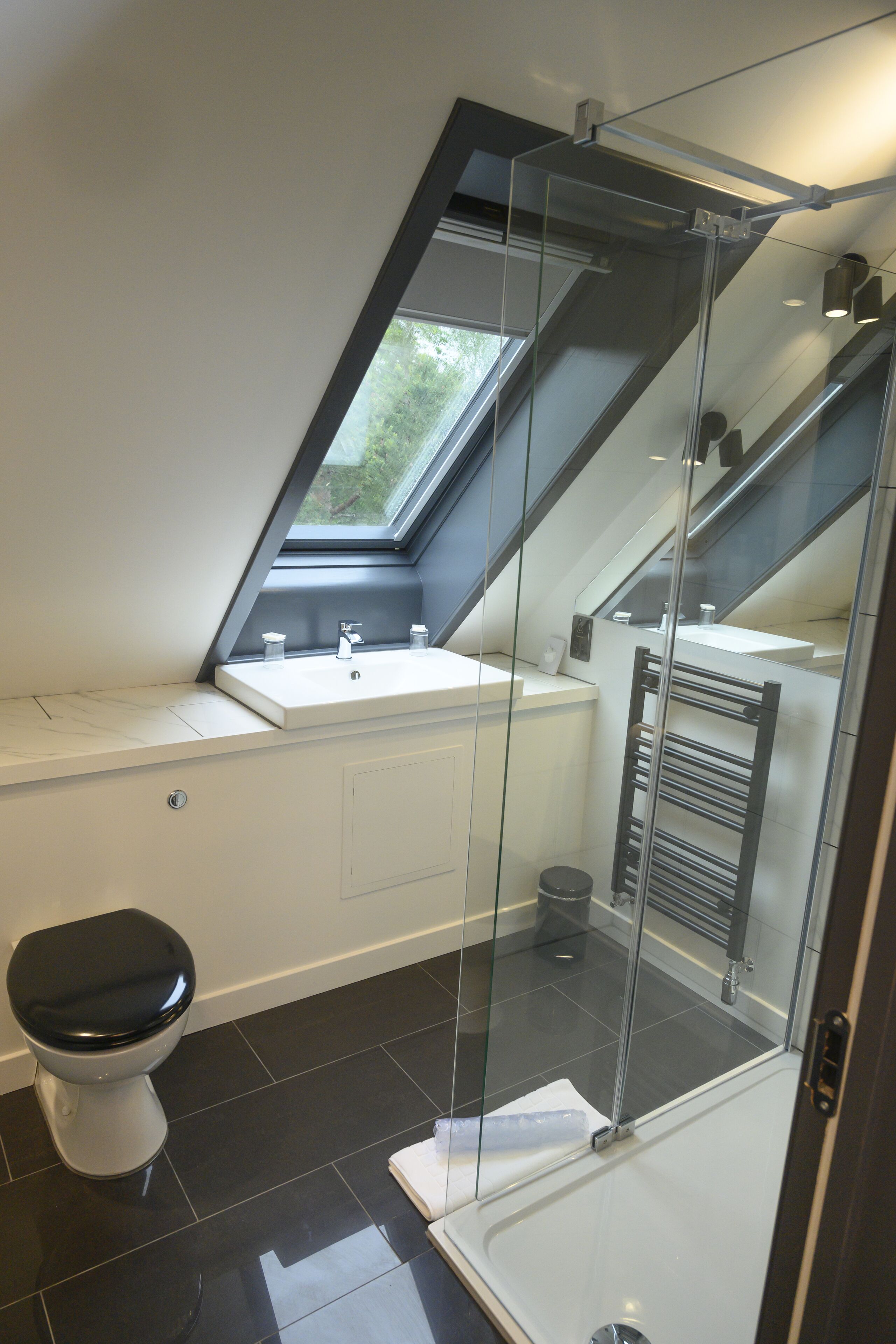 A modern bathroom with a skylight, a toilet, a sink, and a glass shower enclosure.