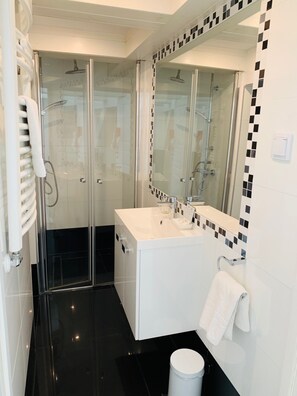 Standard Apartment | Bathroom | Hair dryer, towels, toilet paper - Apartamenty Campari (Torun)