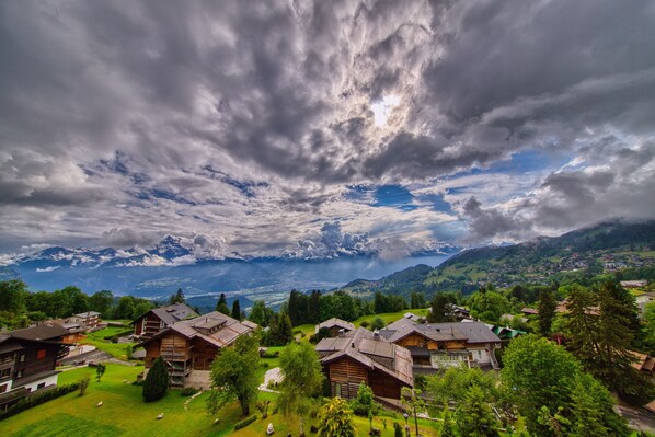 A mountainous village with traditional wooden houses, a lush green landscape, and a view of distant mountains. - VIU Hotel Villars (Ollon)