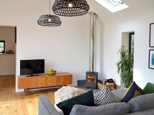 A modern living room with a large TV, a wooden cabinet, a green bowl of fruit, a fireplace, and a skylight. - The Hen House-UK12928 (Nancherrow, near Penzance)