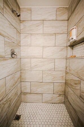 Hair dryer, towels, shampoo, toilet paper