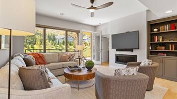 Smart TV, fireplace, DVD player, books