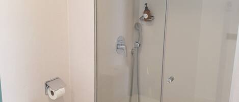 Une salle de bain moderne avec une douche à parois de verre, des toilettes et un distributeur de savon mural.