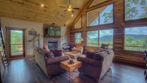 Televisión de pantalla plana, chimenea y videojuegos