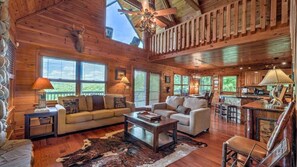 Télévision, cheminée, lecteur de DVD, livres