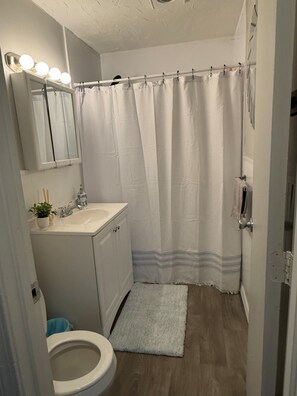 Bañera con ducha, papel higiénico