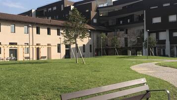 Ein Park mit einer Bank, einem Baum und einem Gebäude mit mehreren Balkonen.
