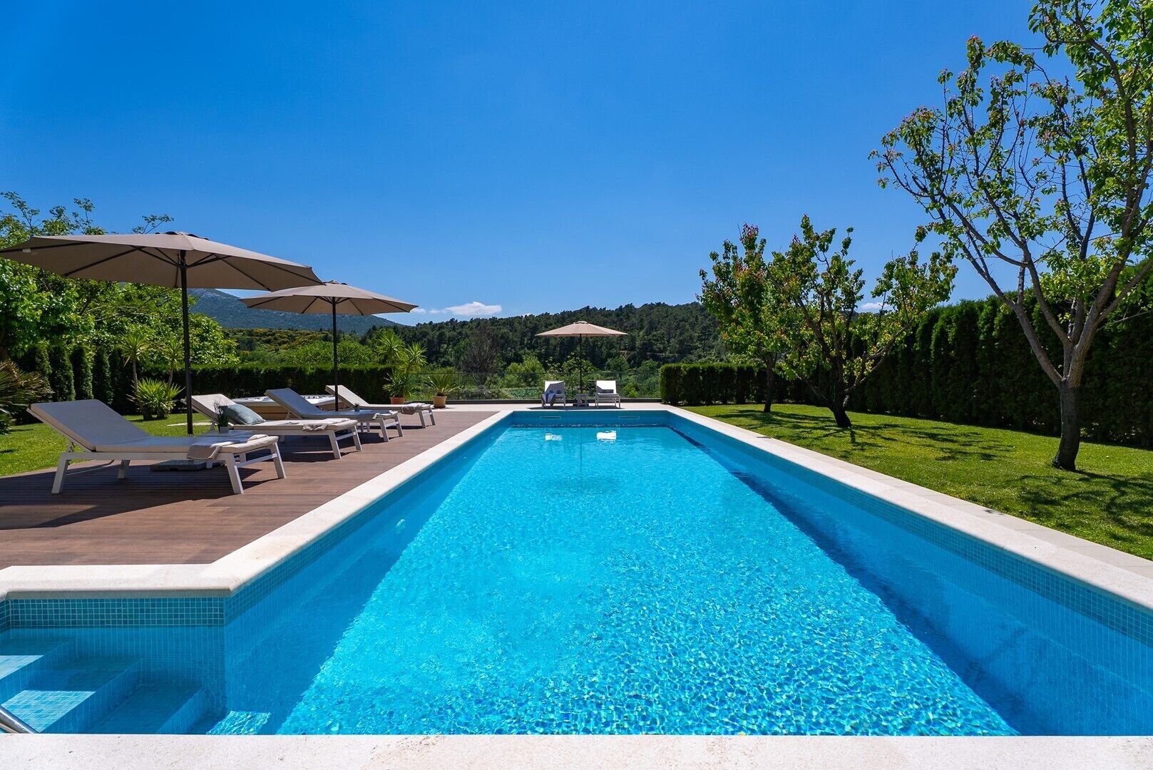 Une piscine rectangulaire à l’eau d’un bleu limpide, entourée de chaises longues et de parasols, avec en arrière-plan des arbres et un ciel dégagé.