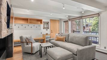 TV connectée, cheminée, lecteur de DVD, chaîne hi-fi