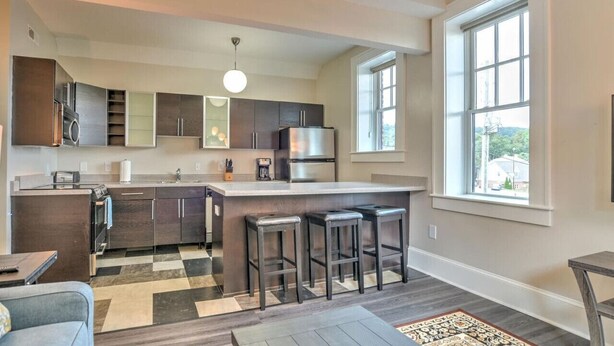 A modern kitchen with dark wood cabinets, a stainless steel refrigerator, and a large window providing natural light. - Charming, condo #1 in Historic King James Building (Asheville)