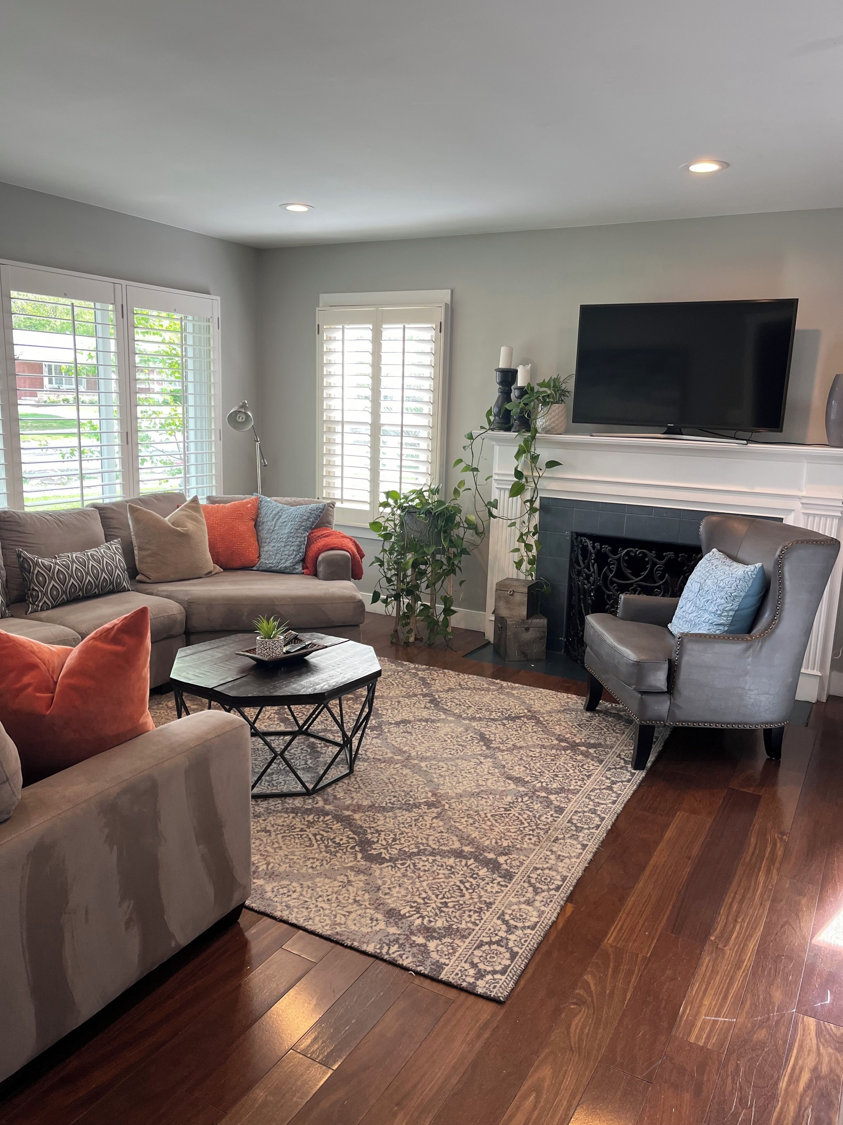 Smart TV, fireplace, books, offices