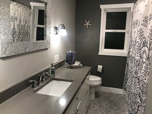 Combined shower/tub, hair dryer, towels, toilet paper