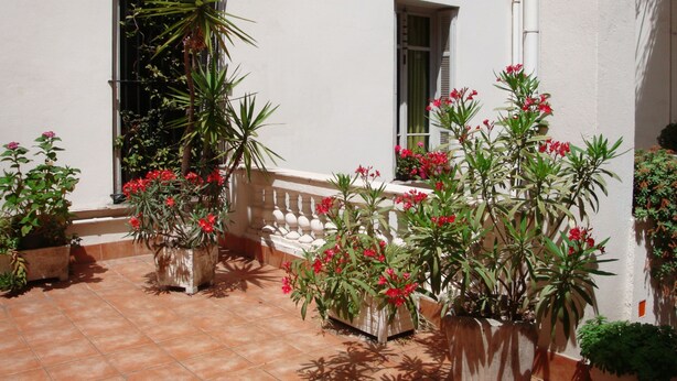 A courtyard with potted plants and a tiled floor. - Hotel Cronstadt (Nice)