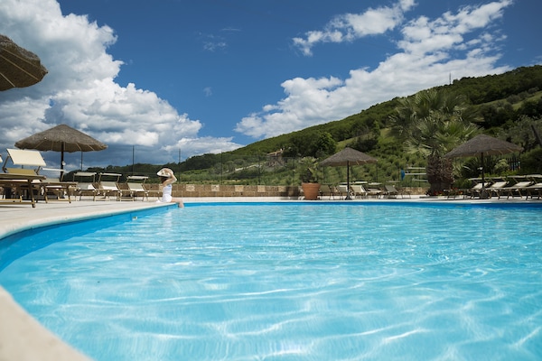 Seasonal outdoor pool, pool umbrellas, sun loungers