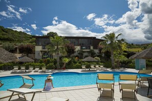 Seasonal outdoor pool, pool umbrellas, pool loungers