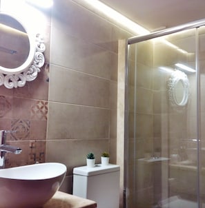 Shower, towels, toilet paper