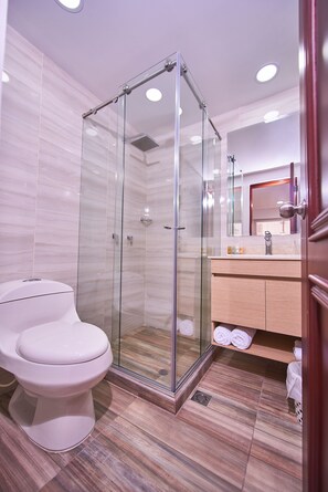 Habitación doble Deluxe | Baño | Regadera, amenidades de baño gratuitas, secadora de cabello, toallas 