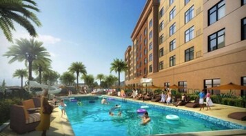 Outdoor pool, pool umbrellas, sun loungers