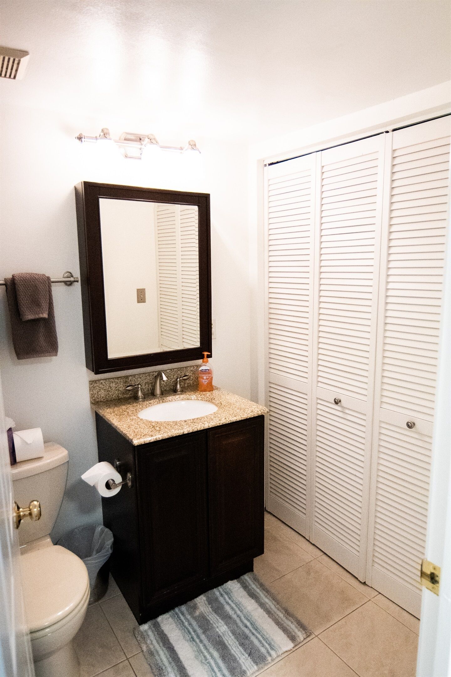 A bathroom with a sink, toilet, mirror, and a walk-in closet.