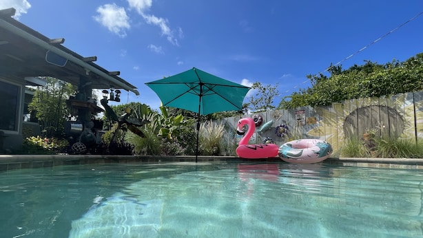 A clear swimming pool with a wooden deck and a wooden fence in the background. - Sea Grape Escape Mid-Century Modern Pool home! (North Palm Beach)