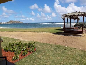 On the beach, sun loungers, beach towels
