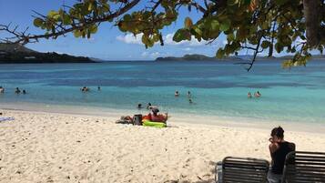 A beach with clear turquoise water, people swimming and sunbathing, and a tree providing shade.