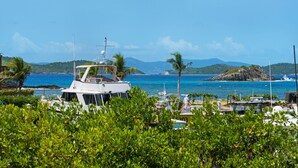 Un port esportiu amb un iaiot blanc amarrat, envoltat de vegetació exuberant i palmeres, amb una vista clara de l'oceà i les colines llunyanes.