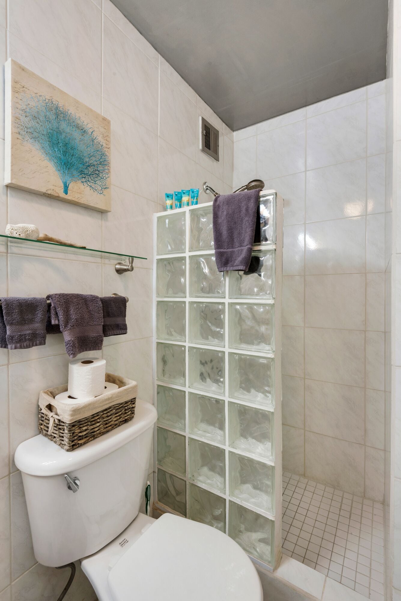 Une salle de bain équipée de toilettes, d’une douche à parois de verre et d’une étagère contenant des articles de toilette.