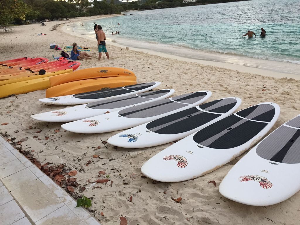 Una playa con tablas de surf alineadas en la arena y gente en el agua.