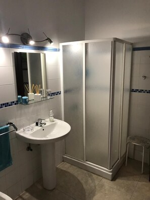 Shower, bidet, soap, toilet paper
