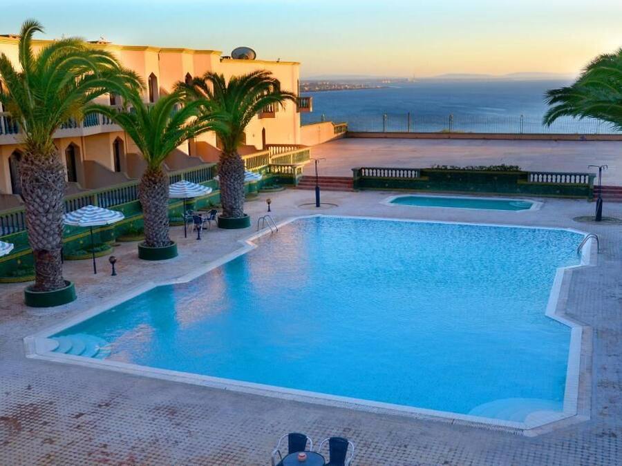 Outdoor pool, pool umbrellas, pool loungers