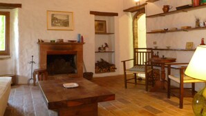A cozy living room with a fireplace, wooden furniture, and shelves with books and decorative items. - Della Genga (Spoleto)