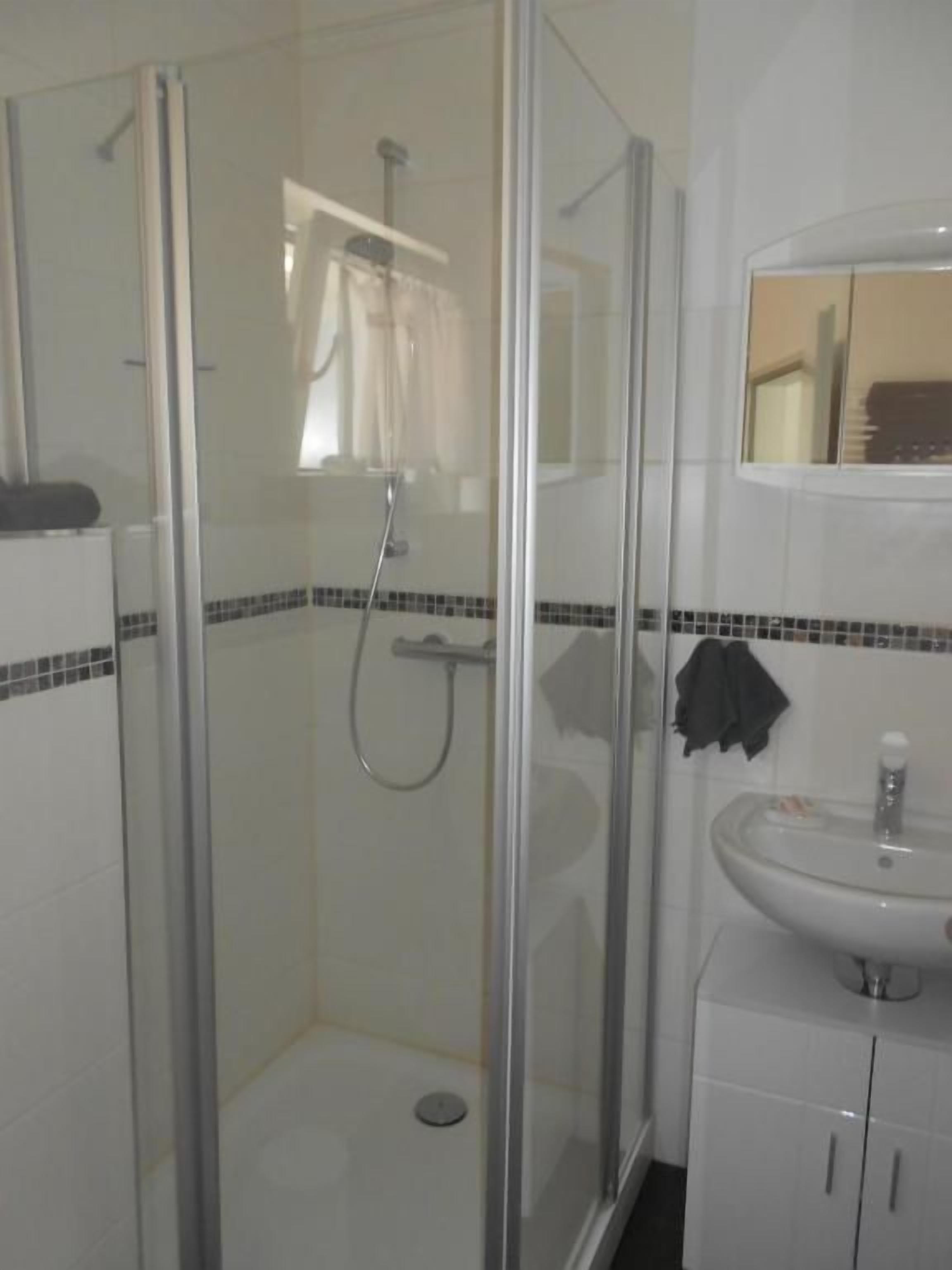 Ein Badezimmer mit einer Duschkabine, einem Waschbecken mit Spiegel darüber und gefliesten Wänden.