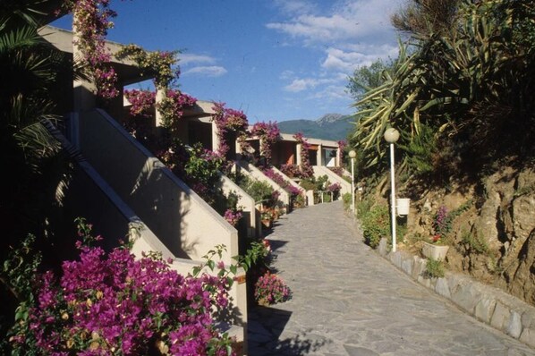 A stone pathway leading to a building with balconies adorned with purple flowers, surrounded by greenery and a mountainous backdrop. - Club Hotel Marina 2 (Campo nell'Elba)