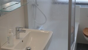 A modern bathroom with a glass-enclosed shower, a white sink, and a mirror above it. - Privatzimmer EKO 1 (Kassel)