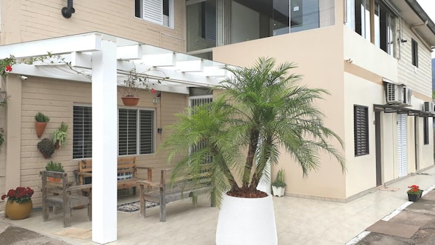 Un bâtiment doté d’un patio couvert, de plantes en pot et d’un grand palmier.