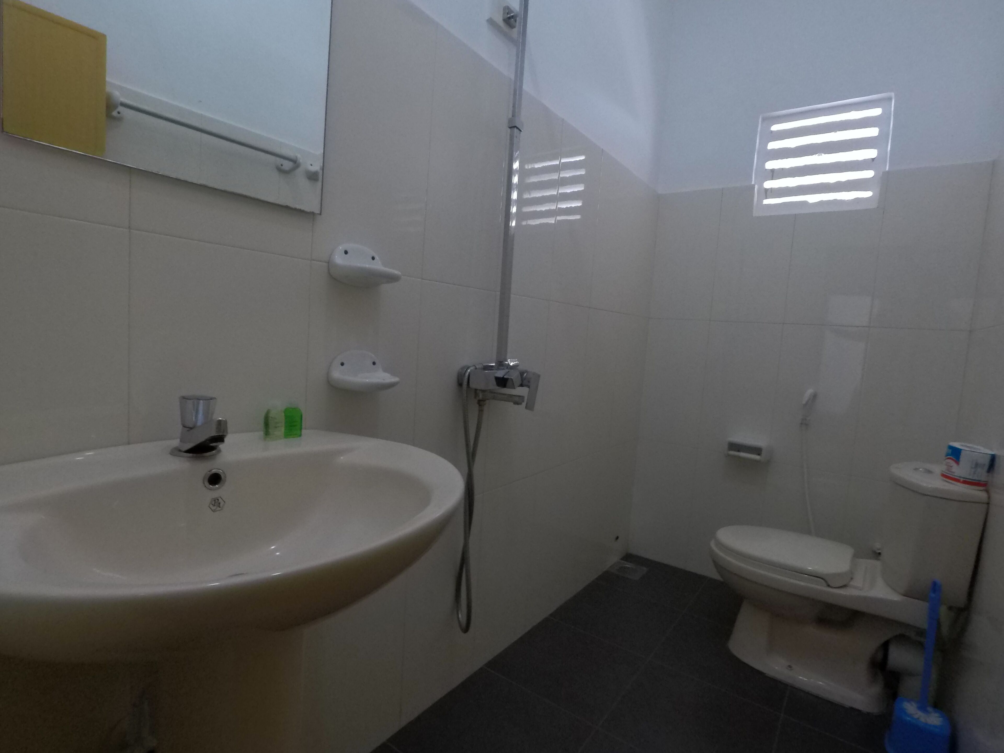 Een badkamer met een wastafel, toilet en douche.