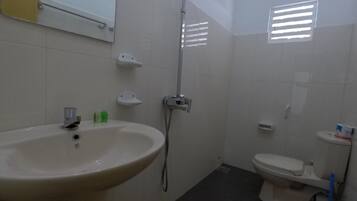 Een badkamer met een wastafel, toilet en douche.