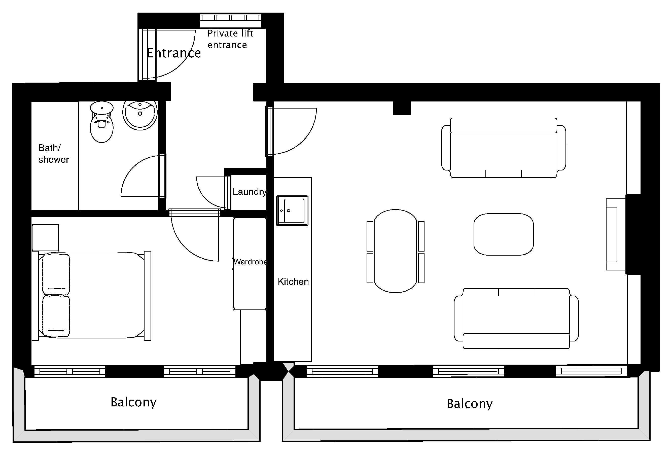 Plano de distribución de un hotel con dos balcones, acceso privado a un ascensor, baño/ducha, zona de lavandería, armario y cocina.