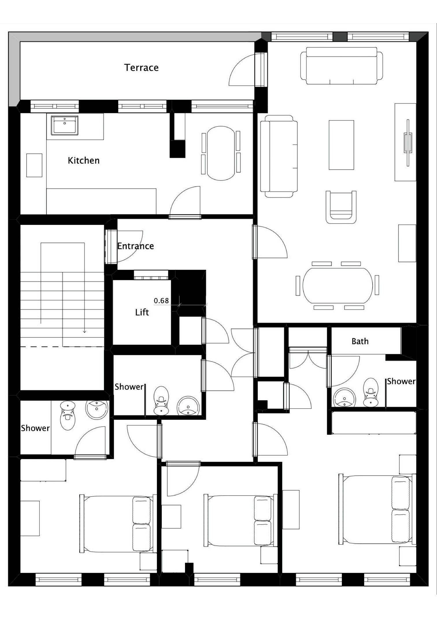 Plano de un hotel que muestra una terraza, cocina, entrada, ascensor, varios baños y varias habitaciones.