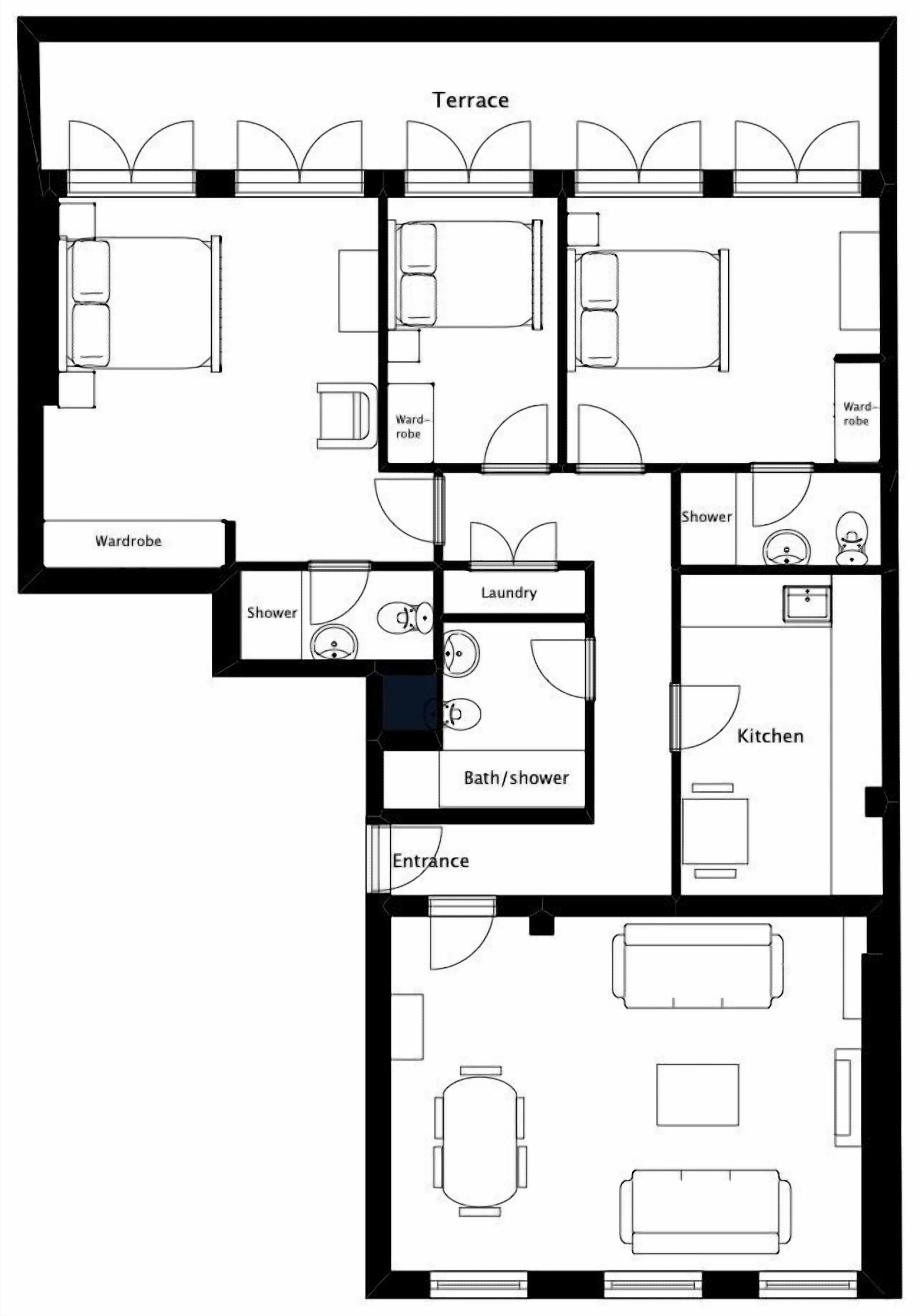 Planta baixa de um hotel com vários quartos, um terraço, área de lavanderia, banheiro com chuveiro, cozinha e sala de jantar.