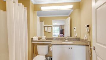 A bathroom with a toilet, sink, and shower curtain.