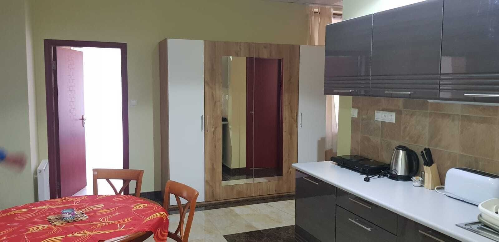 A compact kitchen with a dining area, a wardrobe, and a kitchenette.
