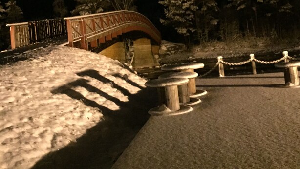 Escena nocturna con un puente de madera sobre un sendero cubierto de nieve, rodeado de árboles.