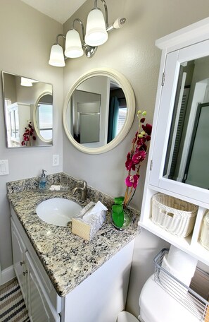 Combined shower/bathtub, hair dryer, towels, soap