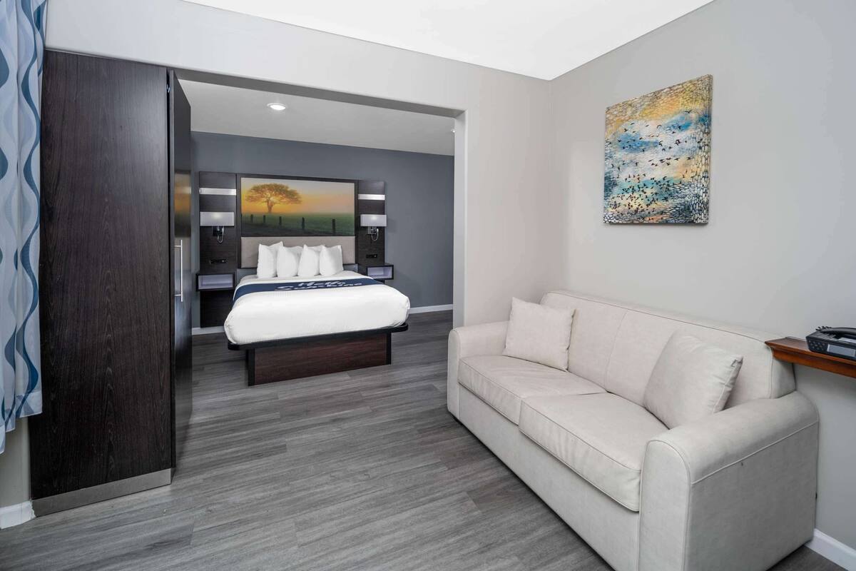 A modern hotel room with a bed, a sofa, a painting, and a wooden side table.