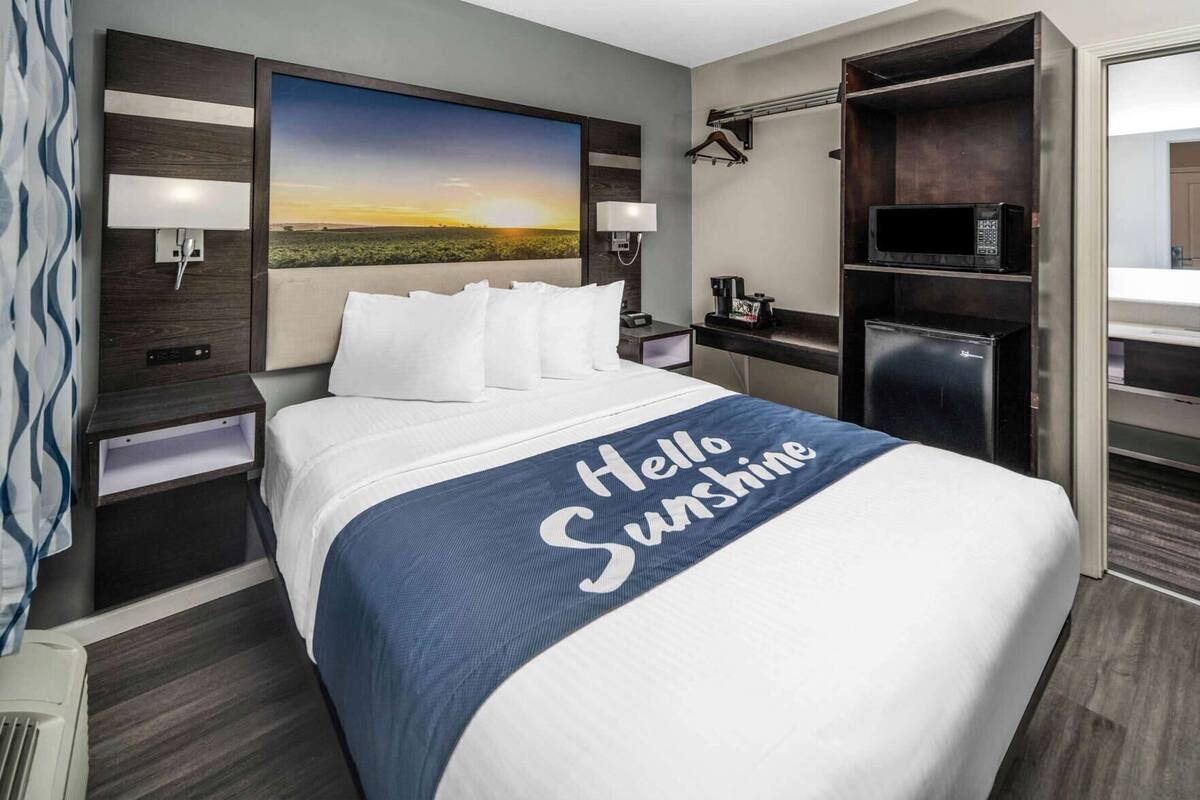 A hotel room with a bed, a nightstand, a desk, a chair, a coat rack, a television, a microwave, and a view of the outdoors.