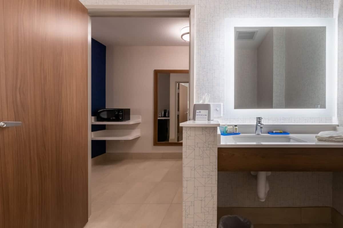 combined shower/bathtub, free toiletries, hair dryer, towels